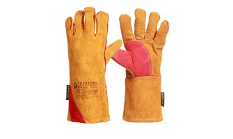 Краги спилковые "ГРЕНАДЕР", нить Кевлар, оранж. с красной накладкой, дл.36 см, (КРА008)