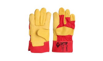 Перчатки кожаные "ДИГГЕР", комб-е, лиц. кожа КРС 1,4мм, жёлто-красные, дл.27 см, р 10.5 (ПЕР608)